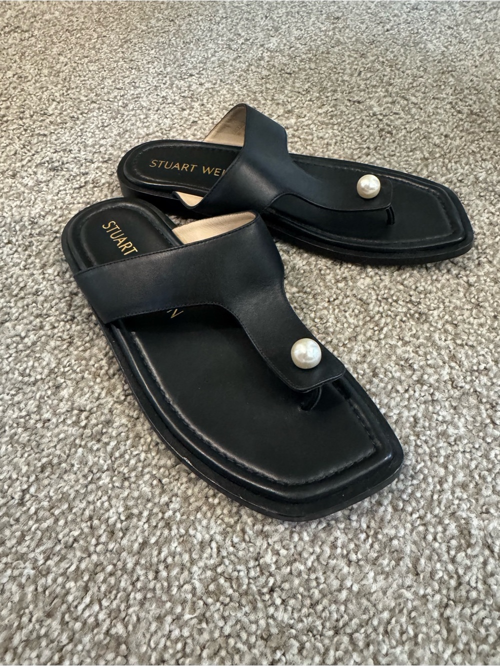 NEW Stuart Weitzman Black Leather Pearl-Accent Thong Sandals